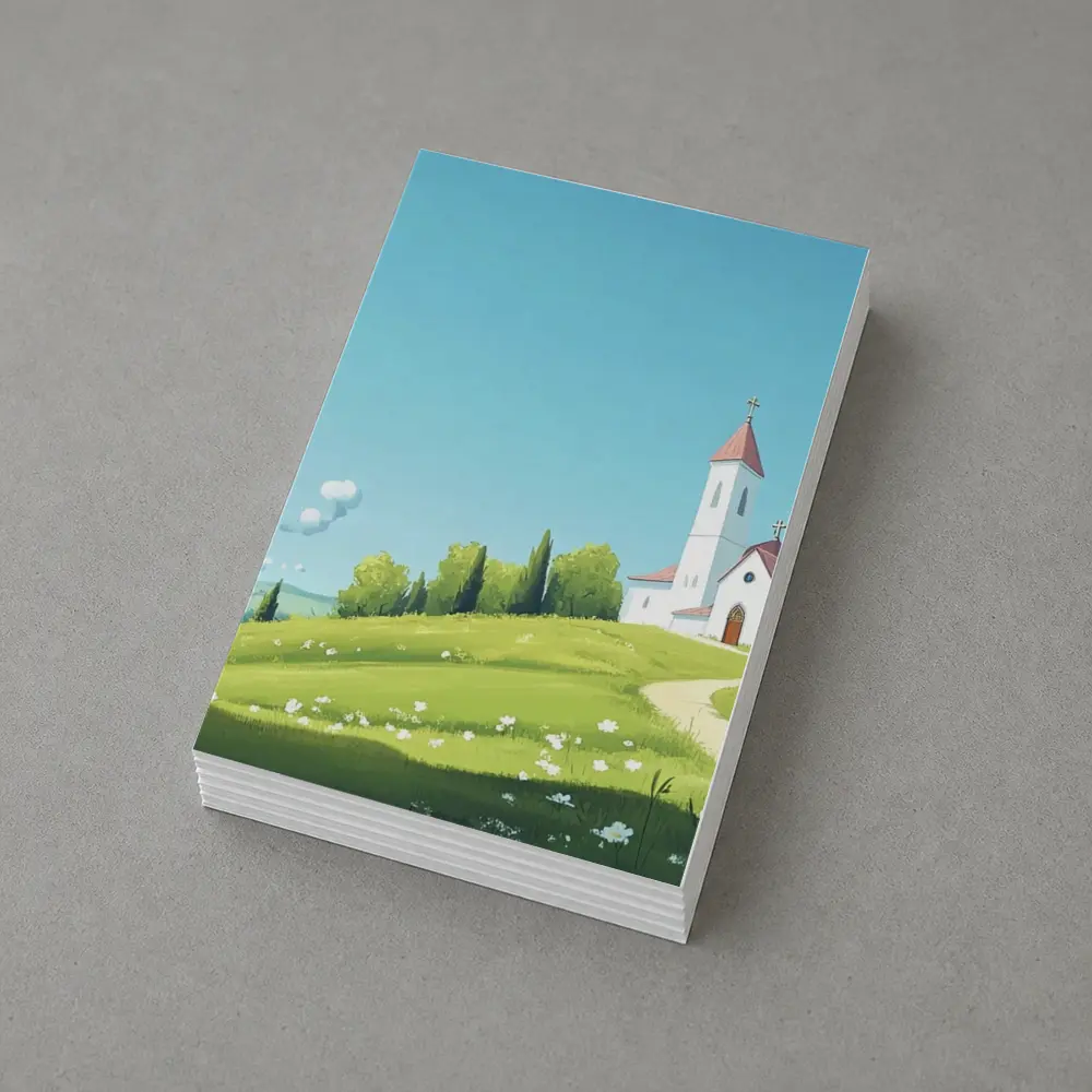 White Church on Green Hill Illustration – Postcards