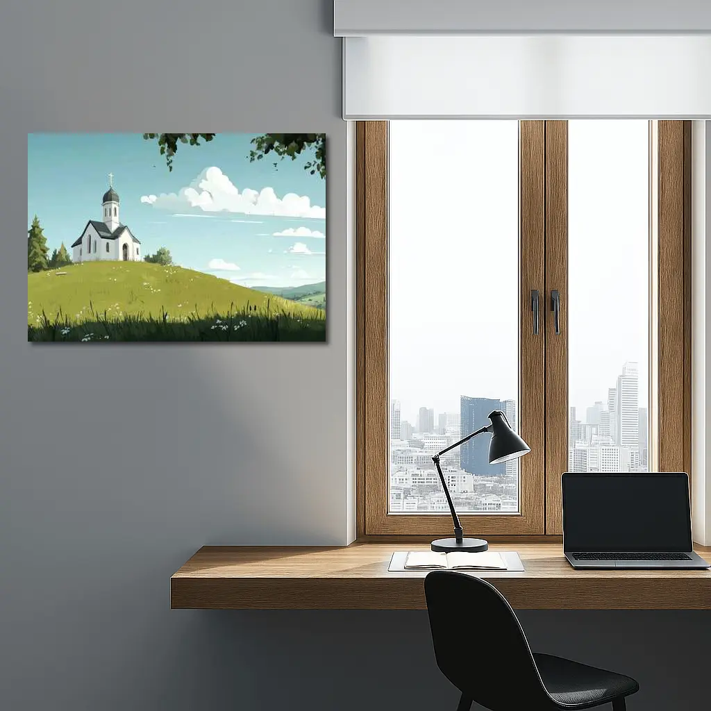 White Chapel On Green Hill Illustration – Wall Art