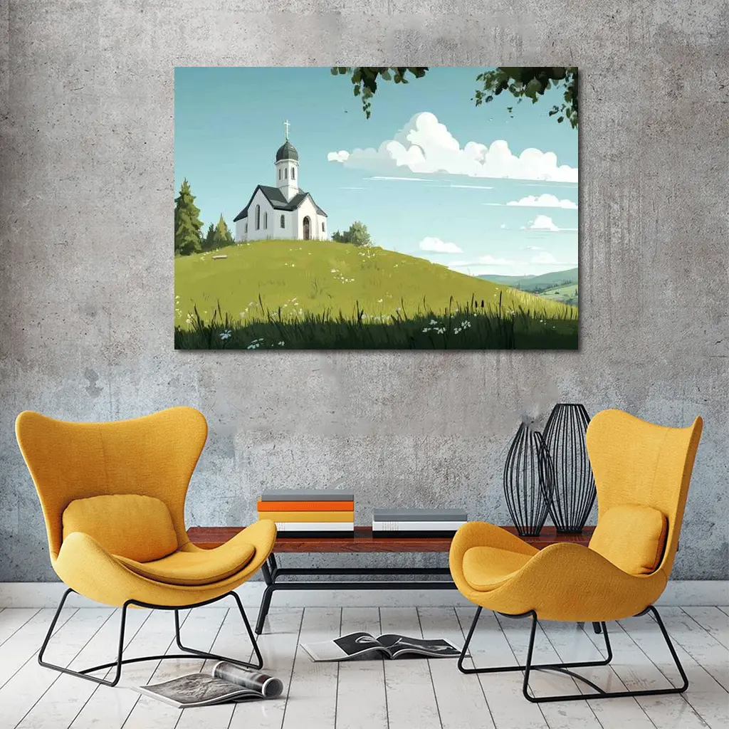 White Chapel On Green Hill Illustration – Wall Art