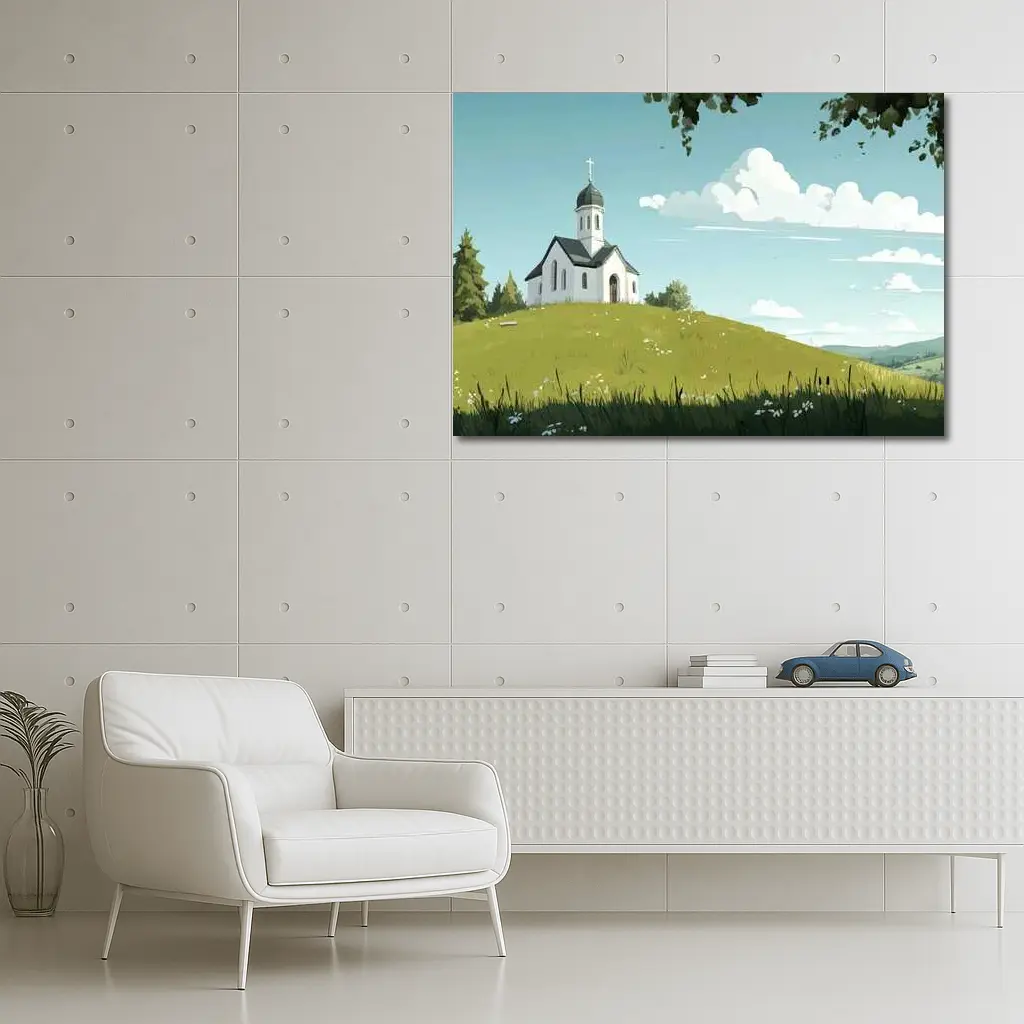 White Chapel On Green Hill Illustration – Wall Art