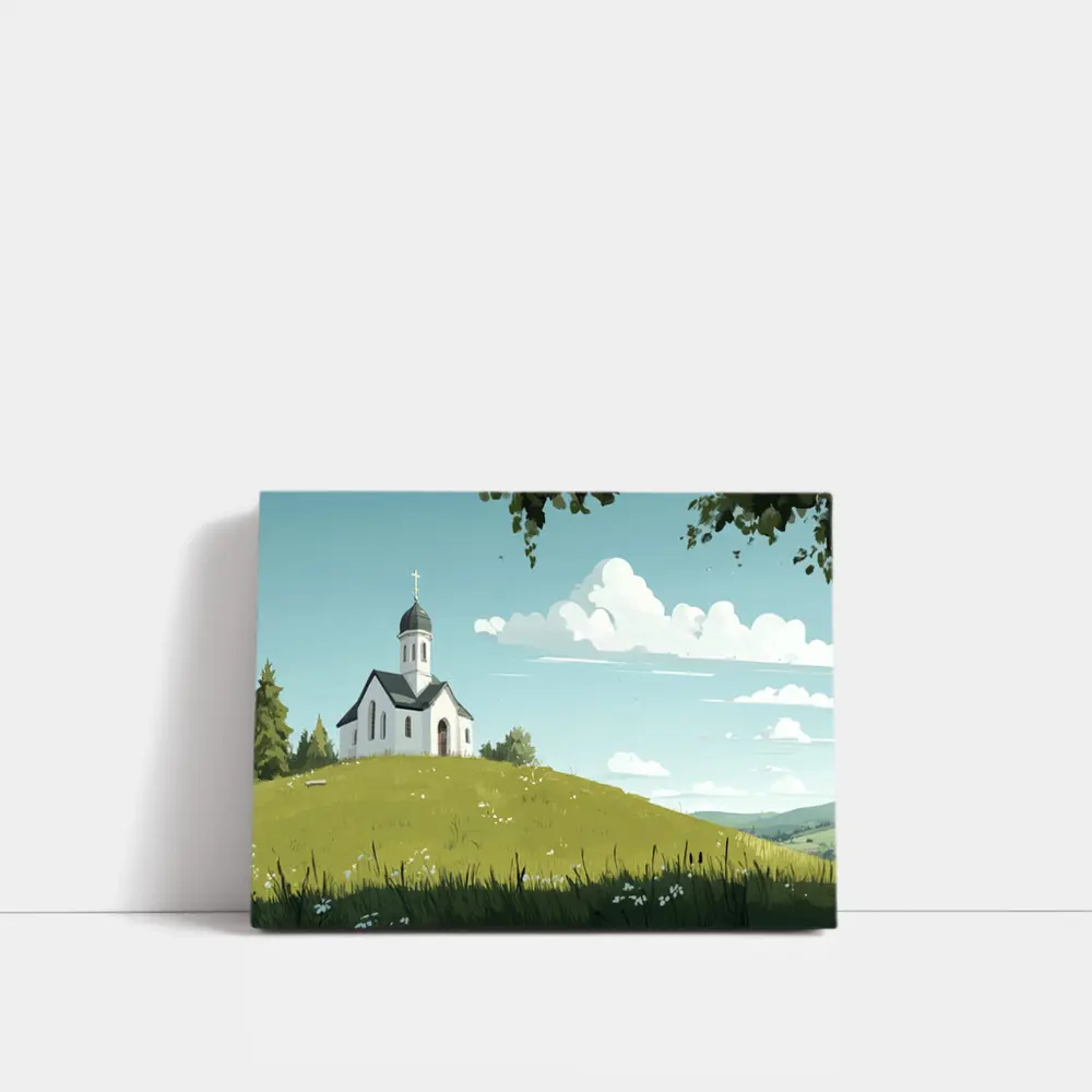 White Chapel On Green Hill Illustration – Wall Art