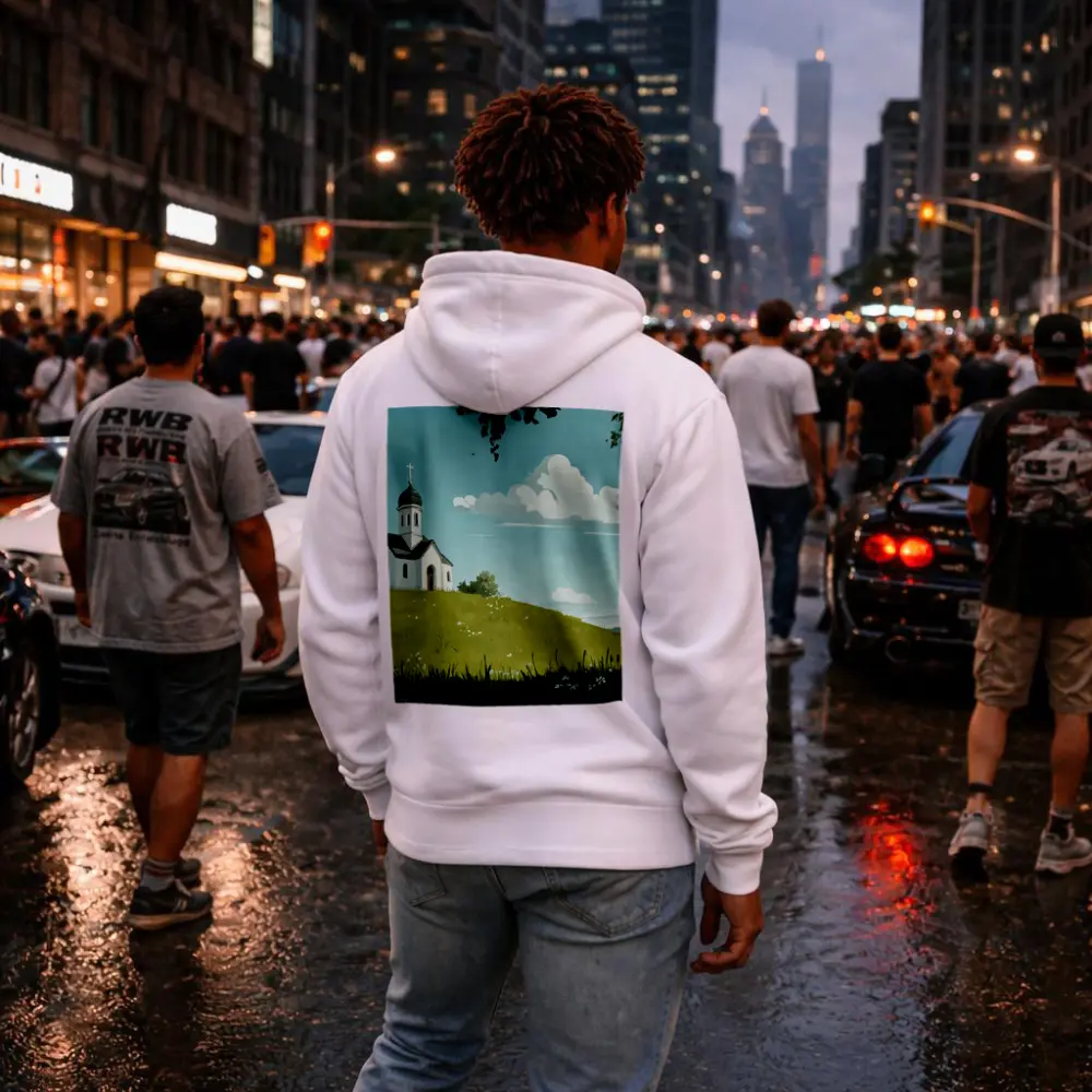 White Chapel On Green Hill Illustration – Hoodies