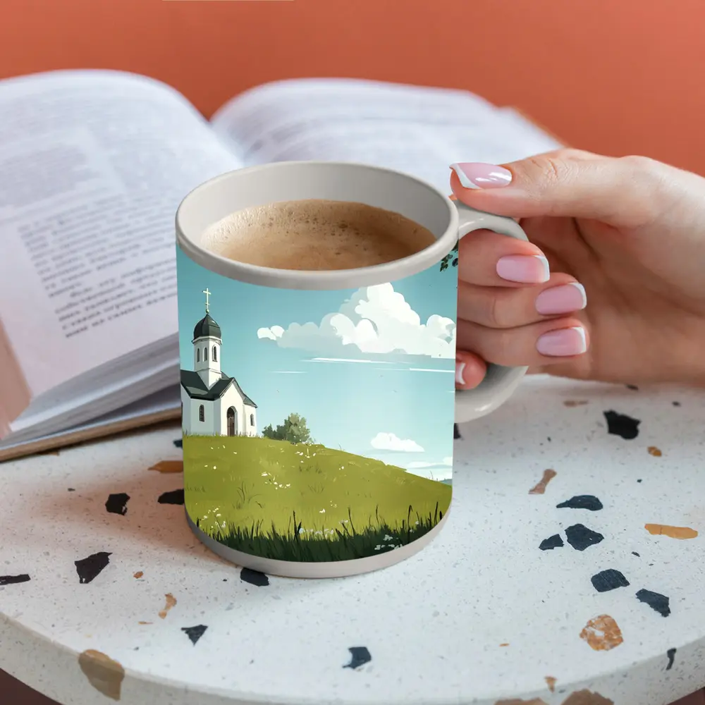 White Chapel On Green Hill Illustration – Mugs