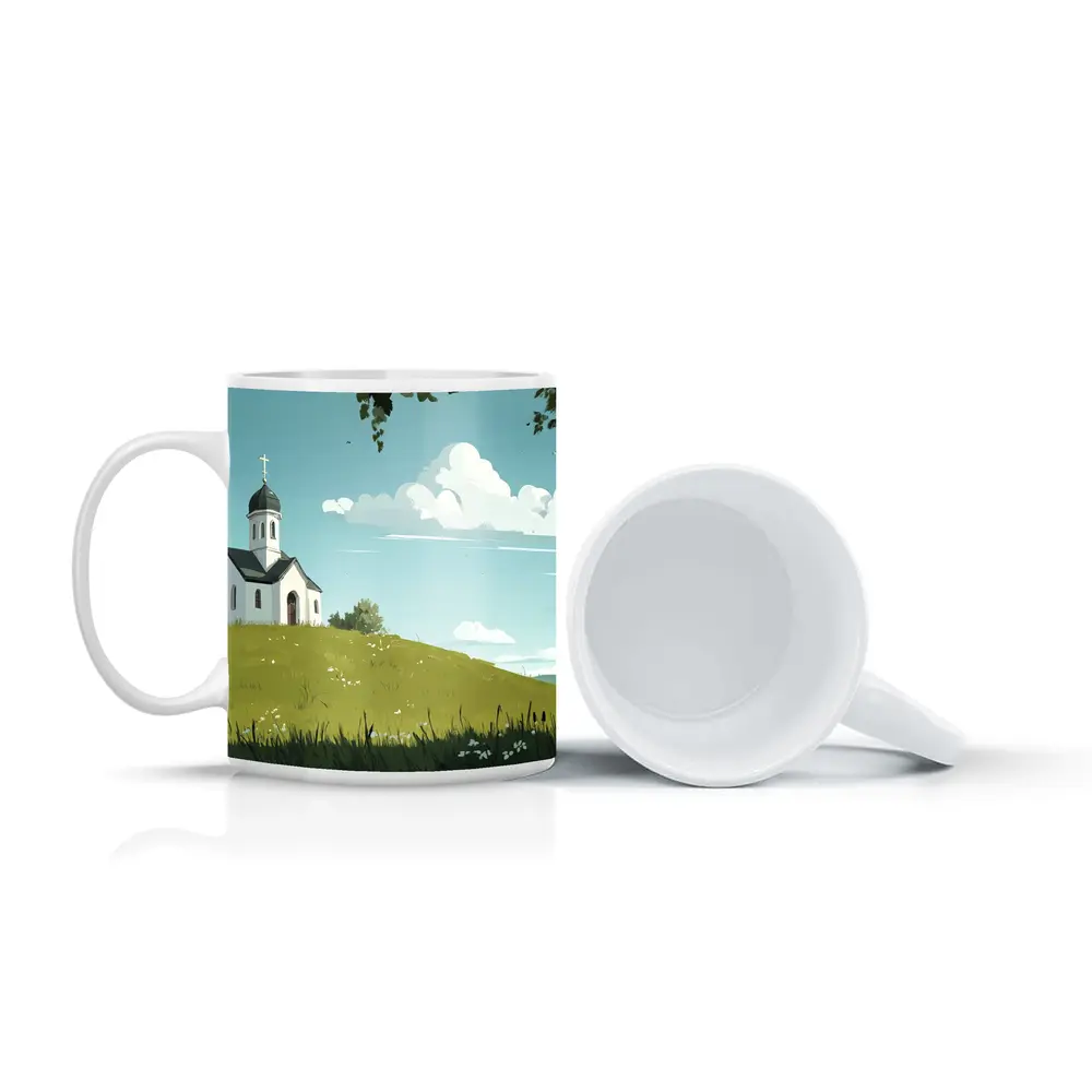 White Chapel On Green Hill Illustration – Mugs