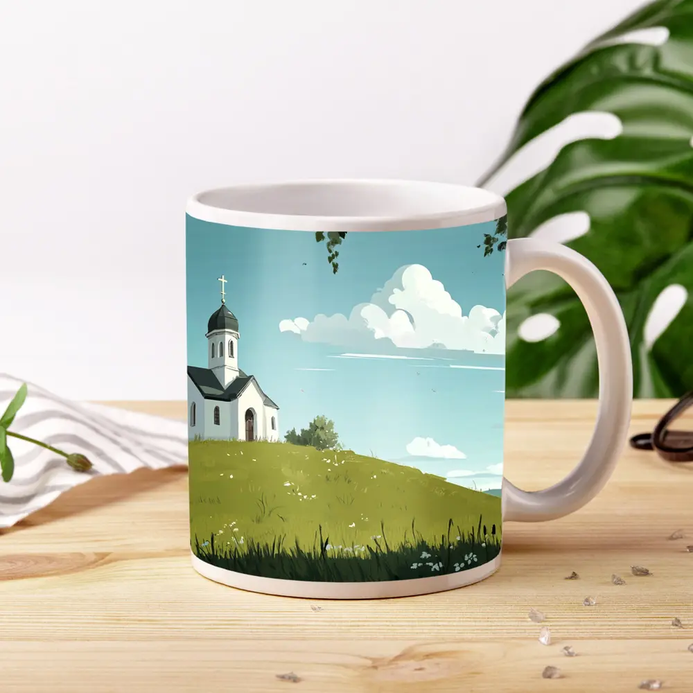 White Chapel On Green Hill Illustration – Mugs