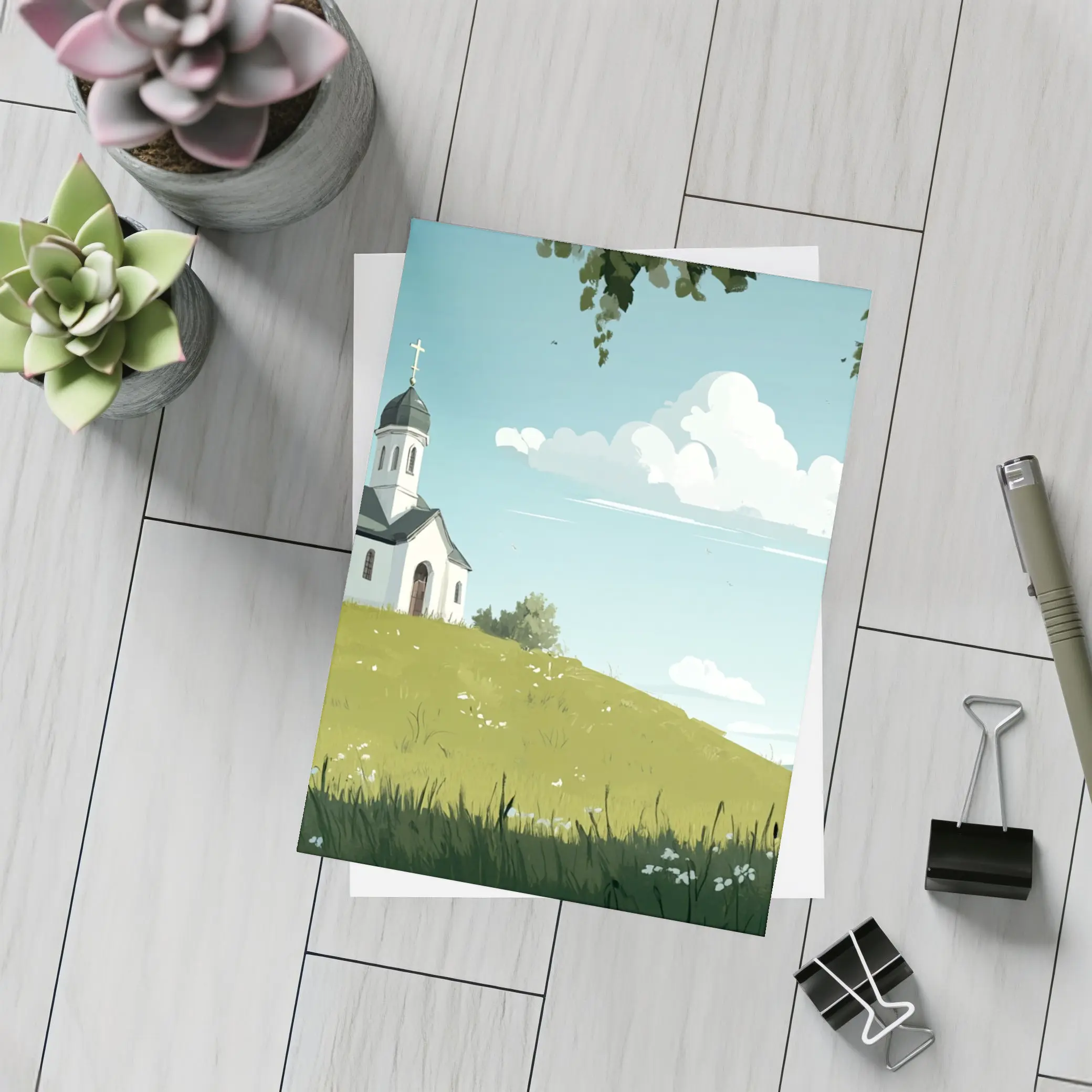 White Chapel On Green Hill Illustration – Postcards