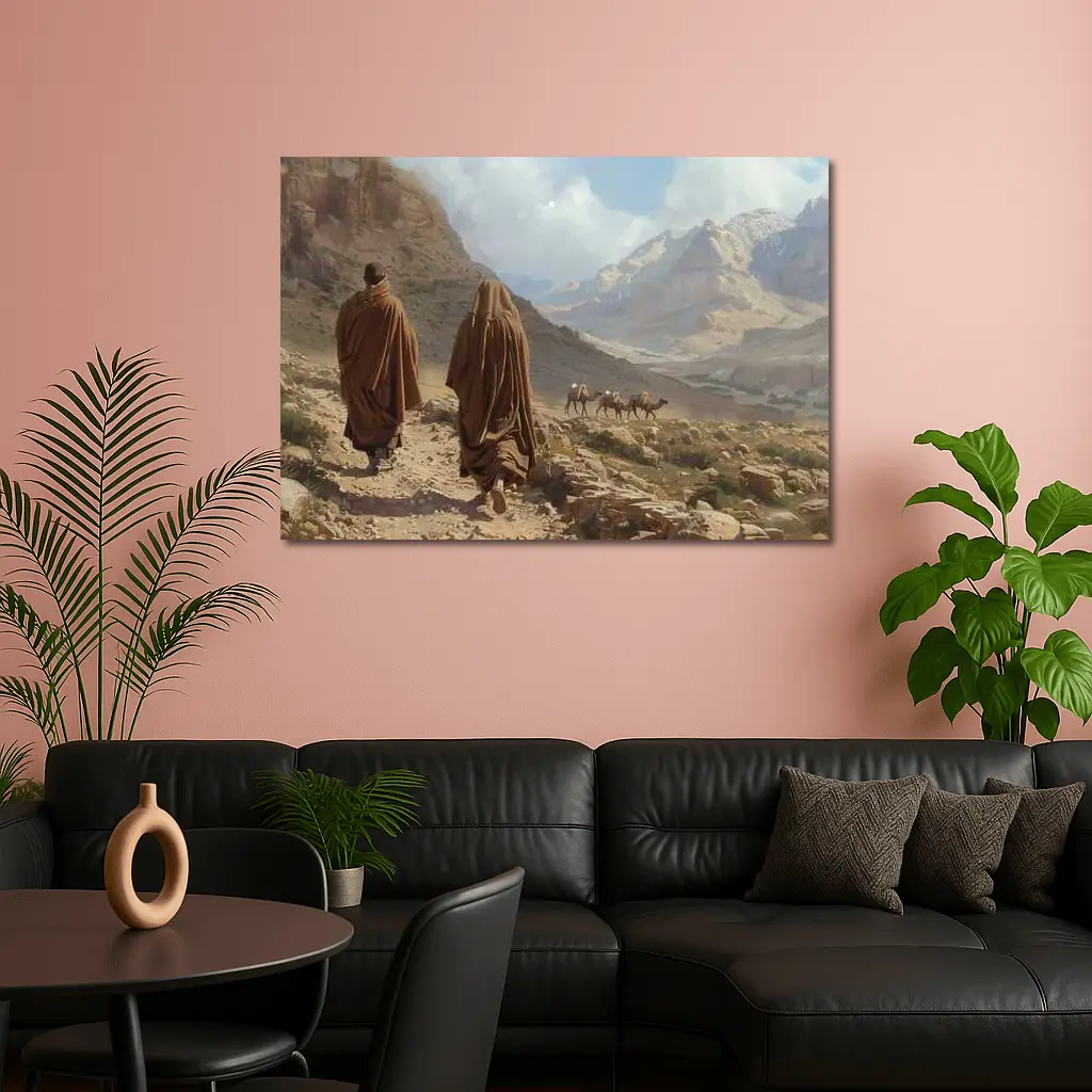 Desert Travelers Walking Through Rocky Mountain Valley – Wall Art