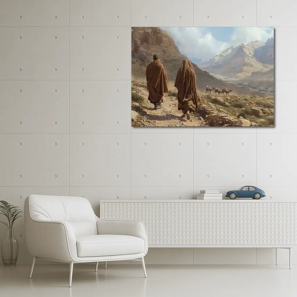 Desert Travelers Walking Through Rocky Mountain Valley – Wall Art