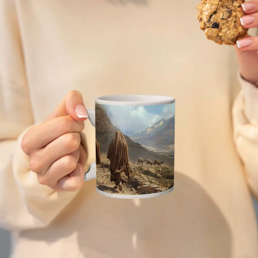 Desert Travelers Walking Through Rocky Mountain Valley – Mugs