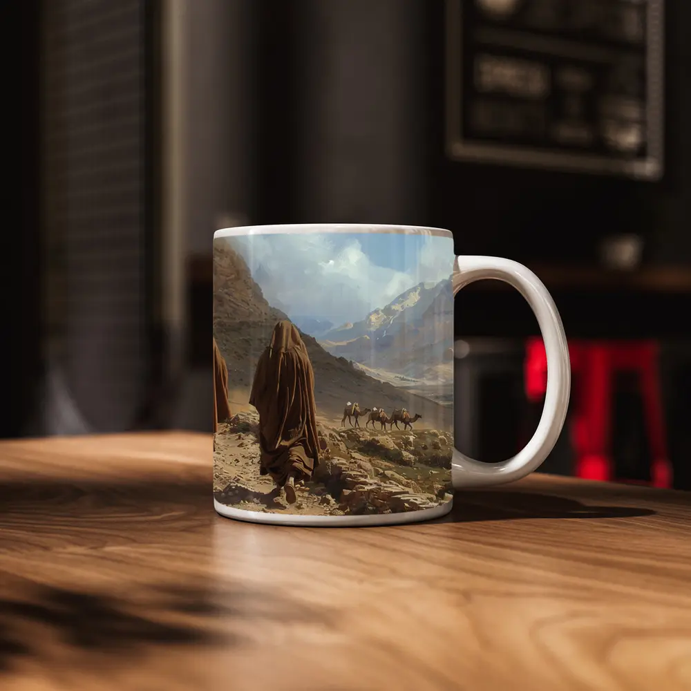 Desert Travelers Walking Through Rocky Mountain Valley – Mugs