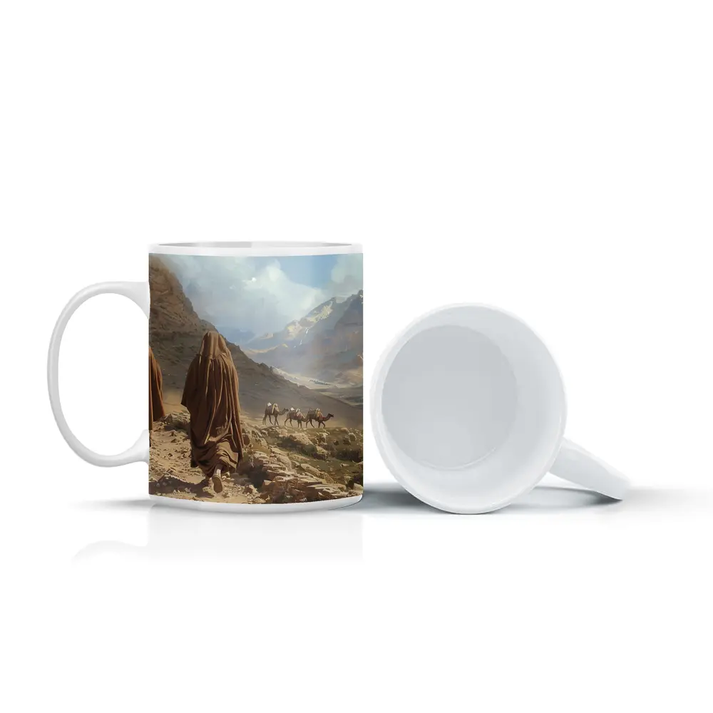 Desert Travelers Walking Through Rocky Mountain Valley – Mugs