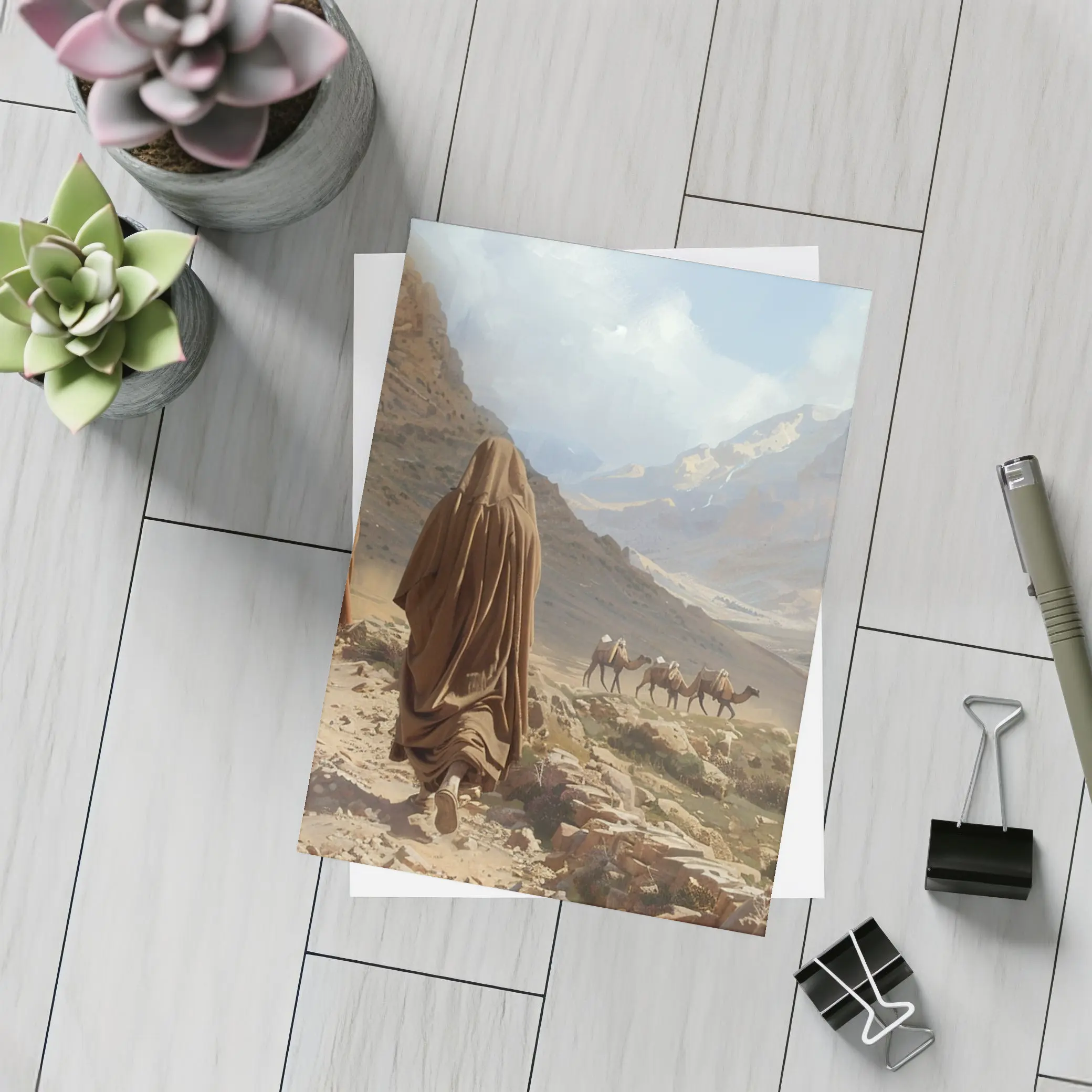 Desert Travelers Walking Through Rocky Mountain Valley – Postcards