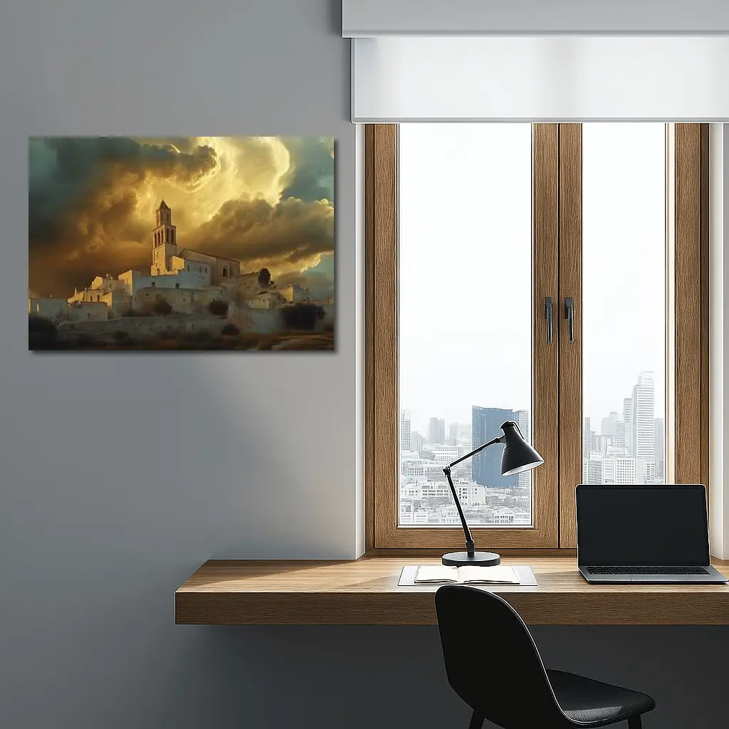 Ancient Church Tower Under Dramatic Golden Sky – Wall Art