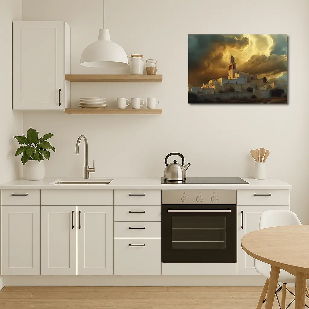 Ancient Church Tower Under Dramatic Golden Sky – Wall Art