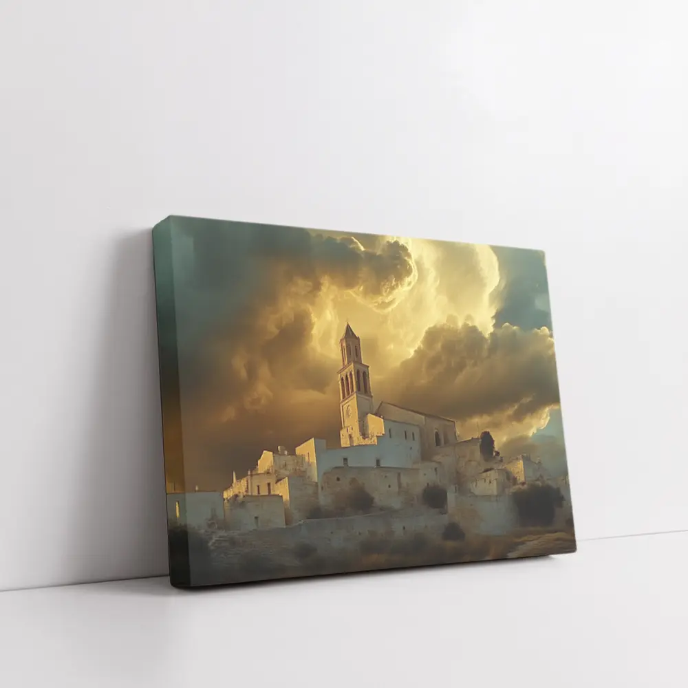 Ancient Church Tower Under Dramatic Golden Sky – Wall Art