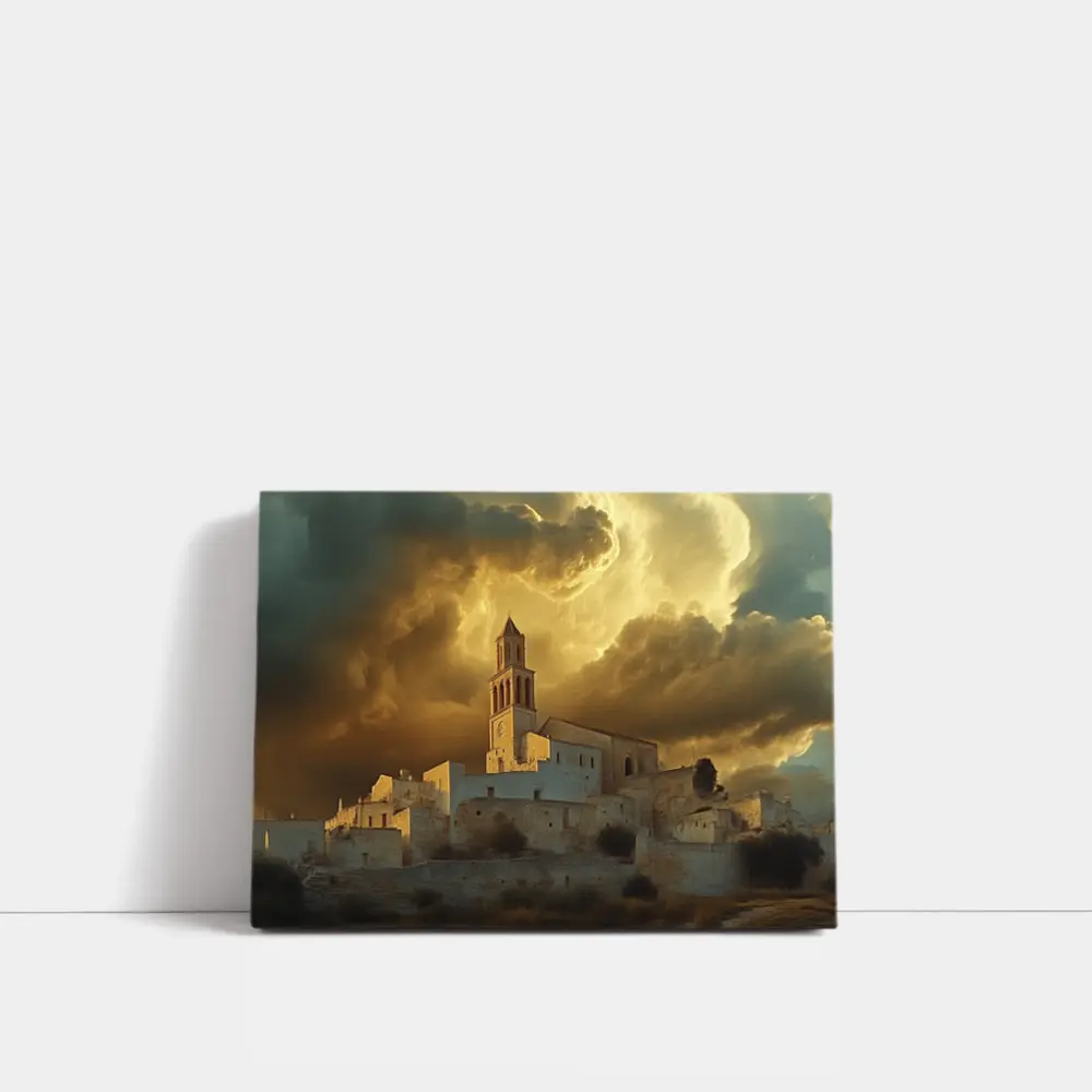 Ancient Church Tower Under Dramatic Golden Sky – Wall Art