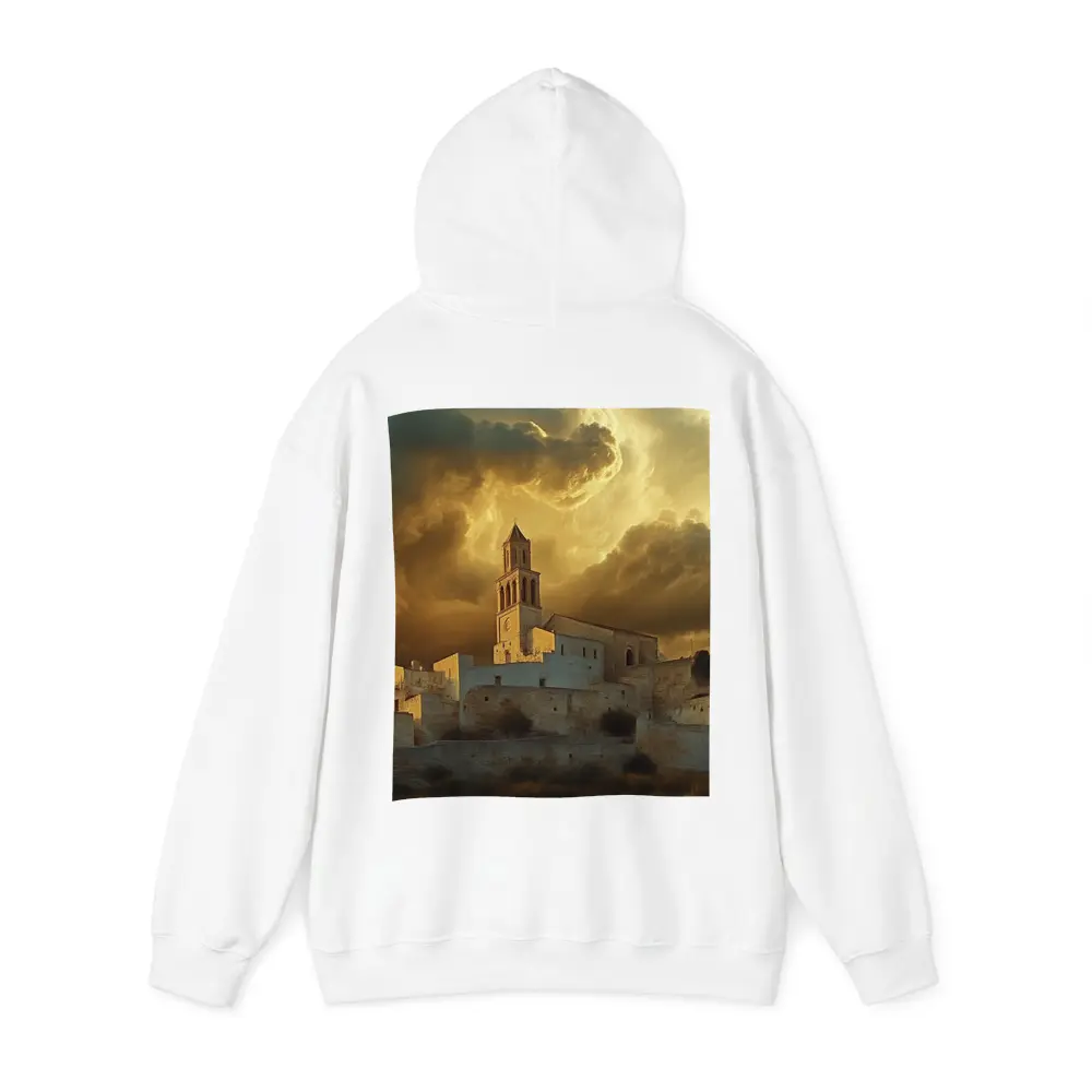 Ancient Church Tower Under Dramatic Golden Sky – Hoodies