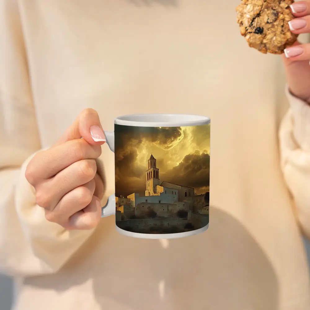 Ancient Church Tower Under Dramatic Golden Sky – Mugs