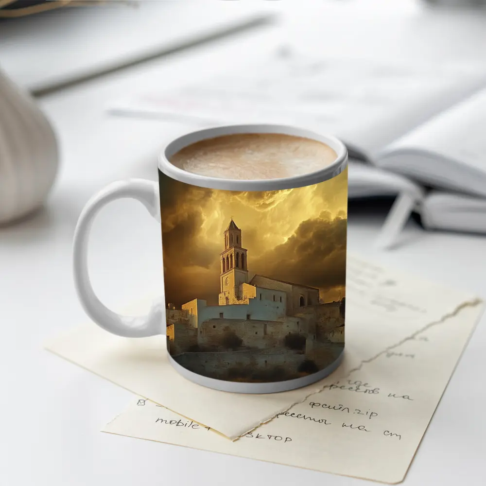 Ancient Church Tower Under Dramatic Golden Sky – Mugs