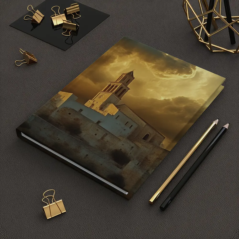 Ancient Church Tower Under Dramatic Golden Sky – Notebooks