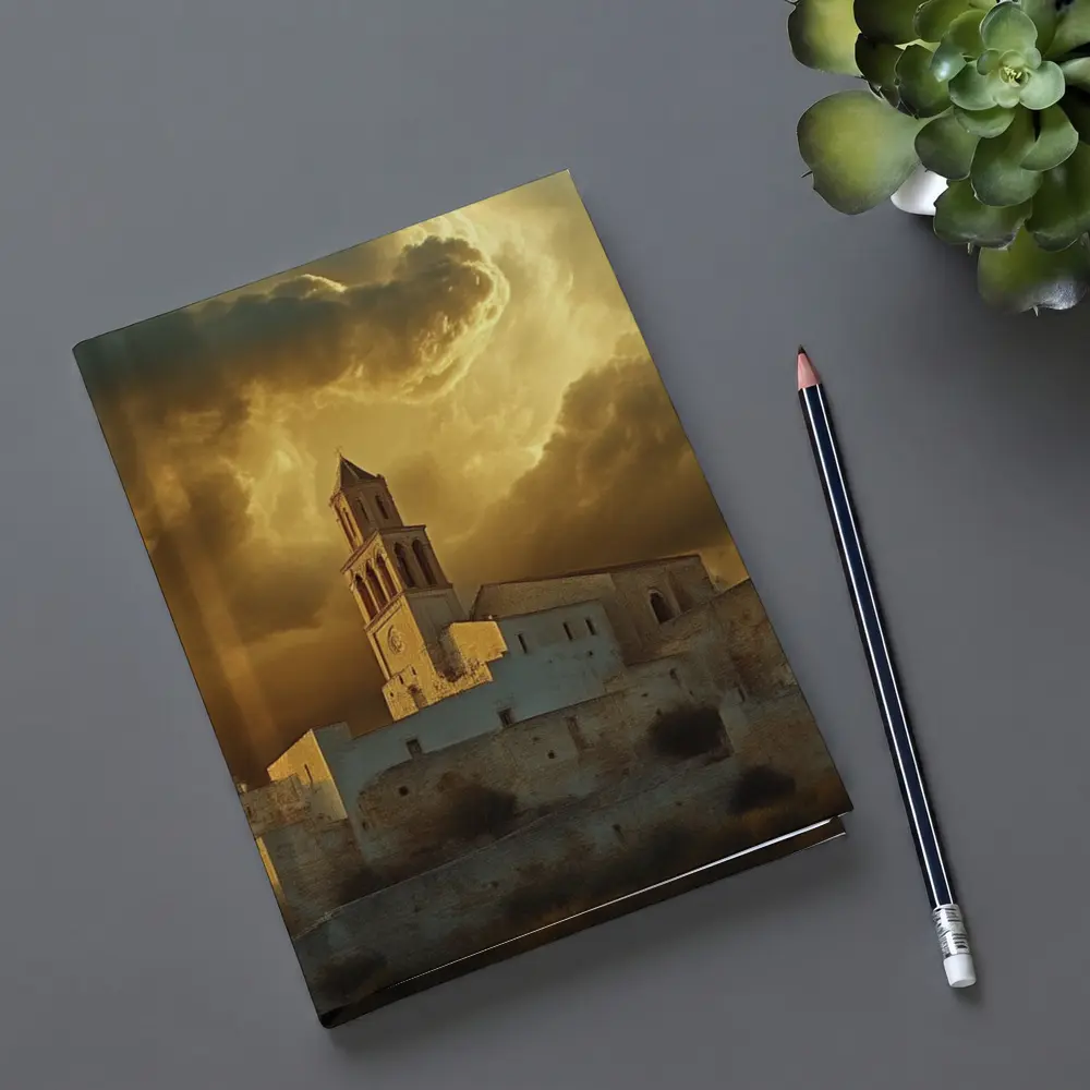Ancient Church Tower Under Dramatic Golden Sky – Notebooks