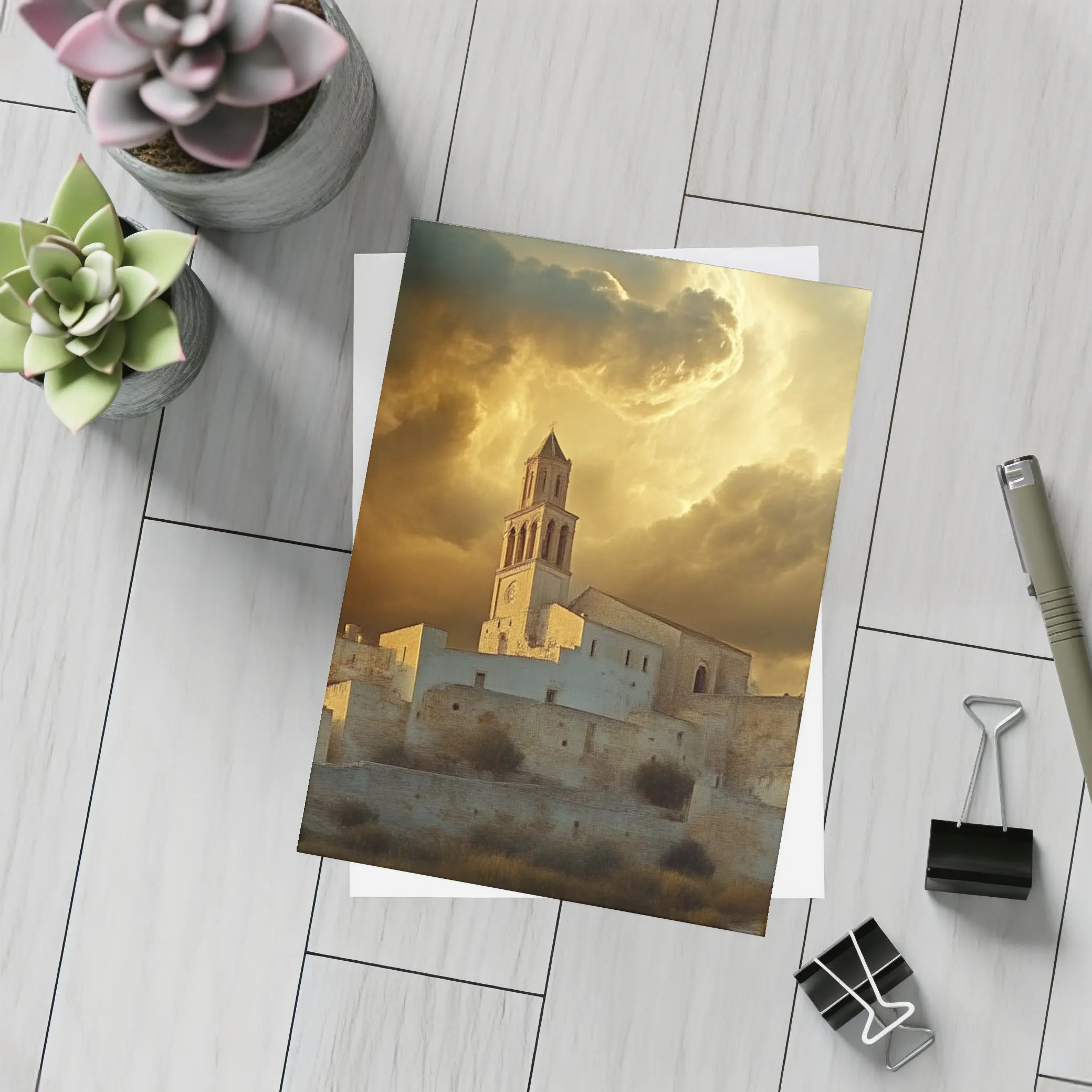 Ancient Church Tower Under Dramatic Golden Sky – Postcards