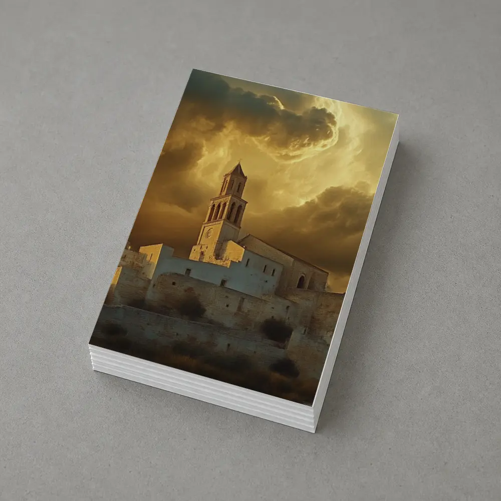 Ancient Church Tower Under Dramatic Golden Sky – Postcards