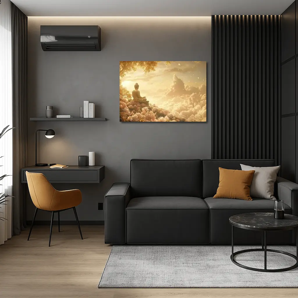 Golden Buddha Meditating Among Soft Clouds – Wall Art