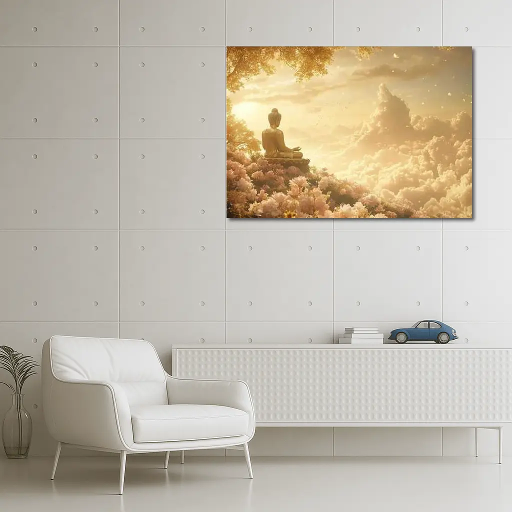 Golden Buddha Meditating Among Soft Clouds – Wall Art