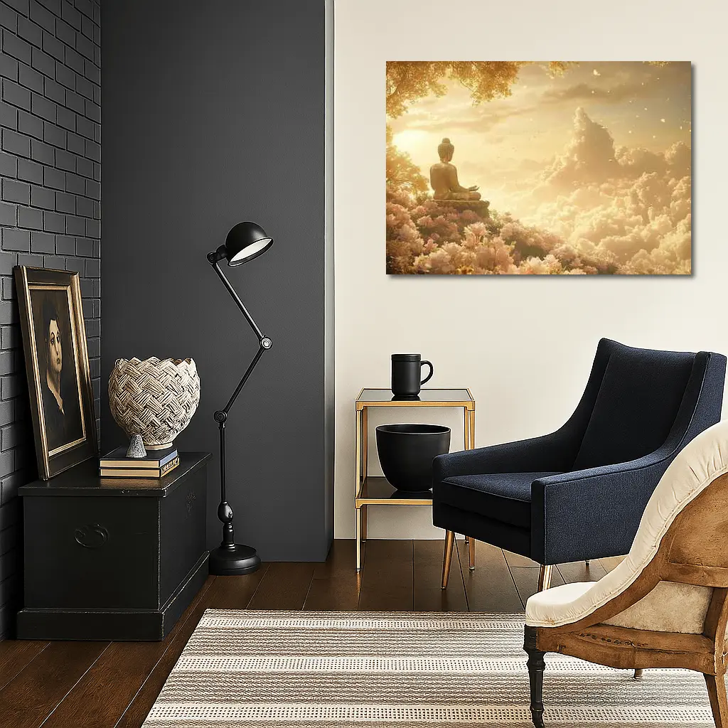 Golden Buddha Meditating Among Soft Clouds – Wall Art