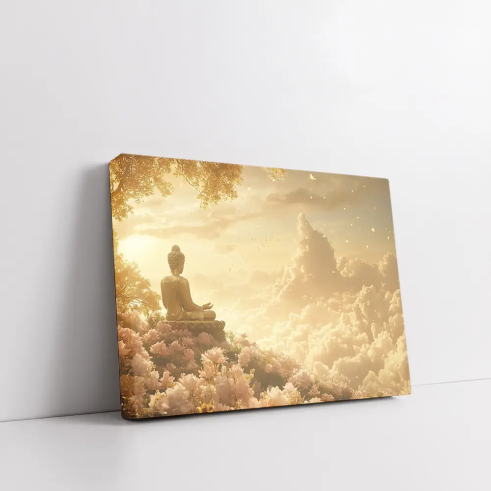 Golden Buddha Meditating Among Soft Clouds – Wall Art