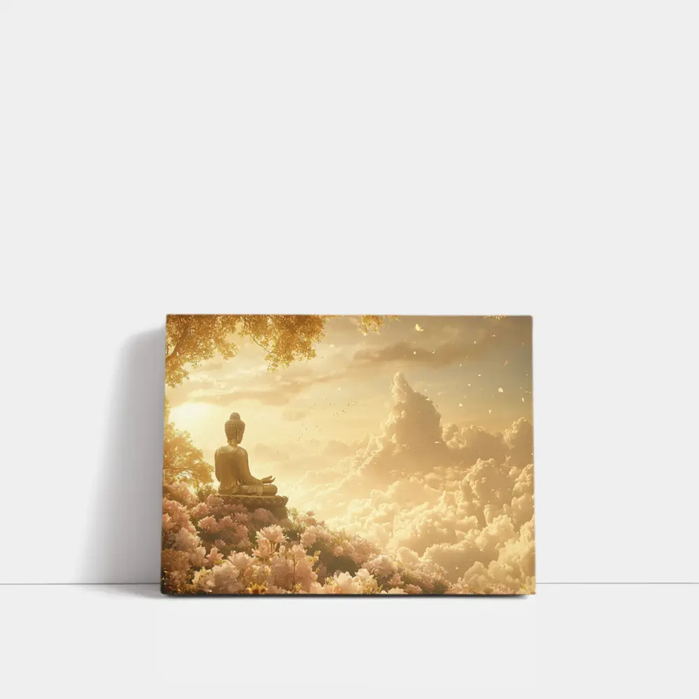 Golden Buddha Meditating Among Soft Clouds – Wall Art