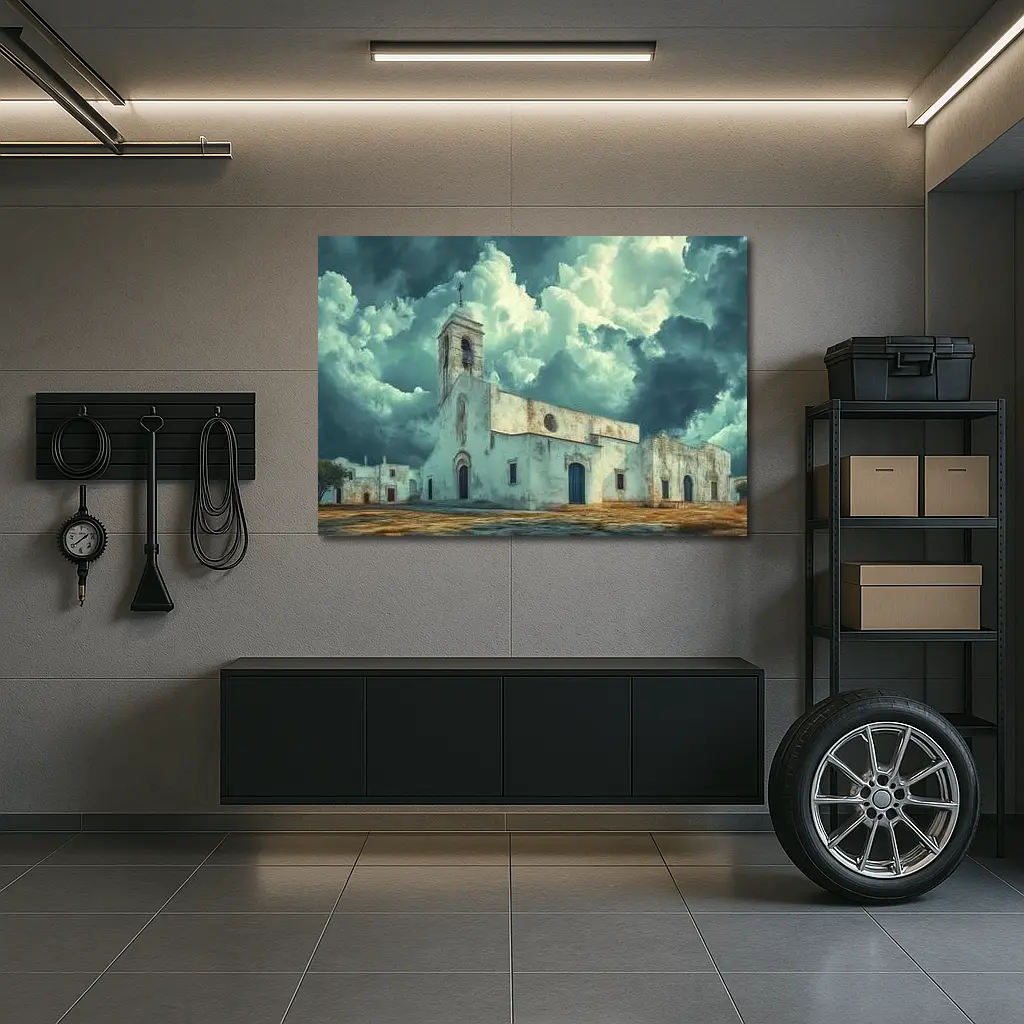 White Church Storm Clouds Dramatic Sky – Wall Art