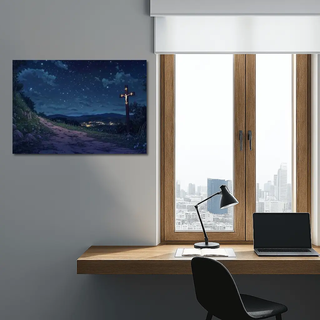 Jesus Cross Anime Night Sky Hill – Wall Art