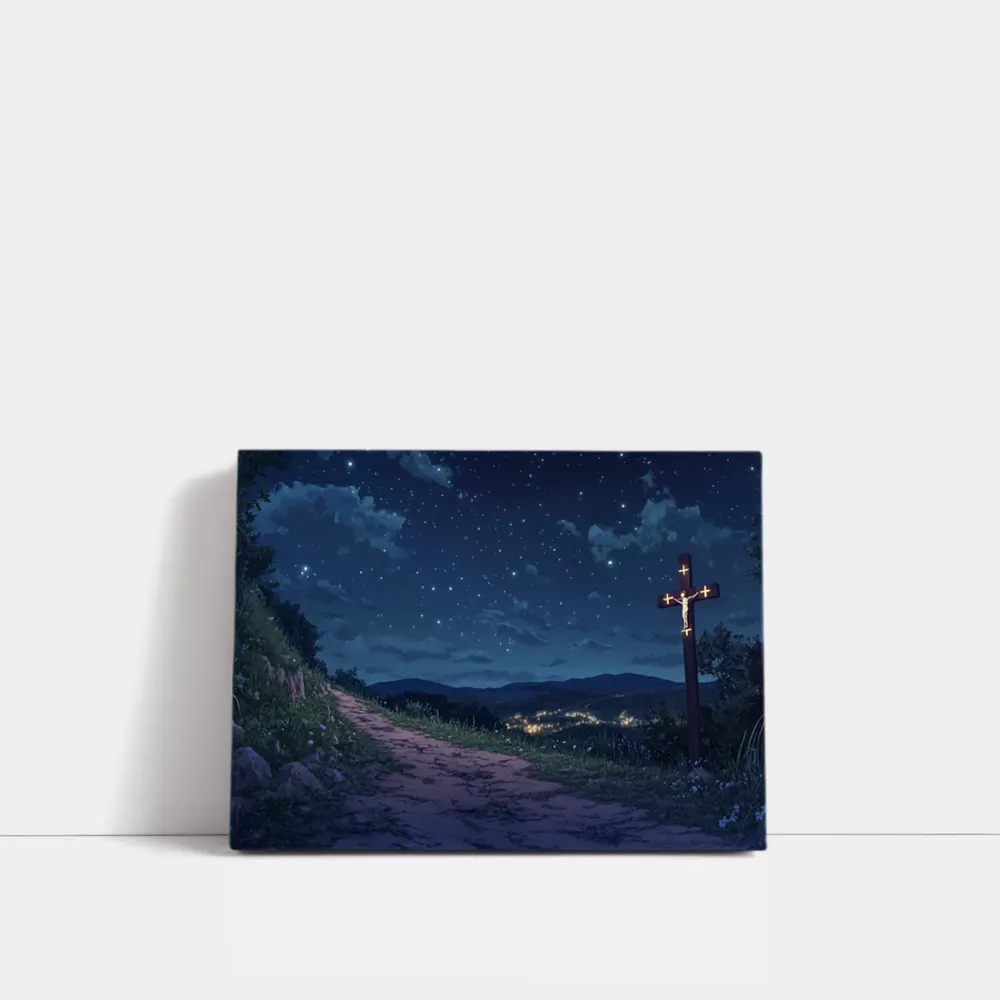 Jesus Cross Anime Night Sky Hill – Wall Art