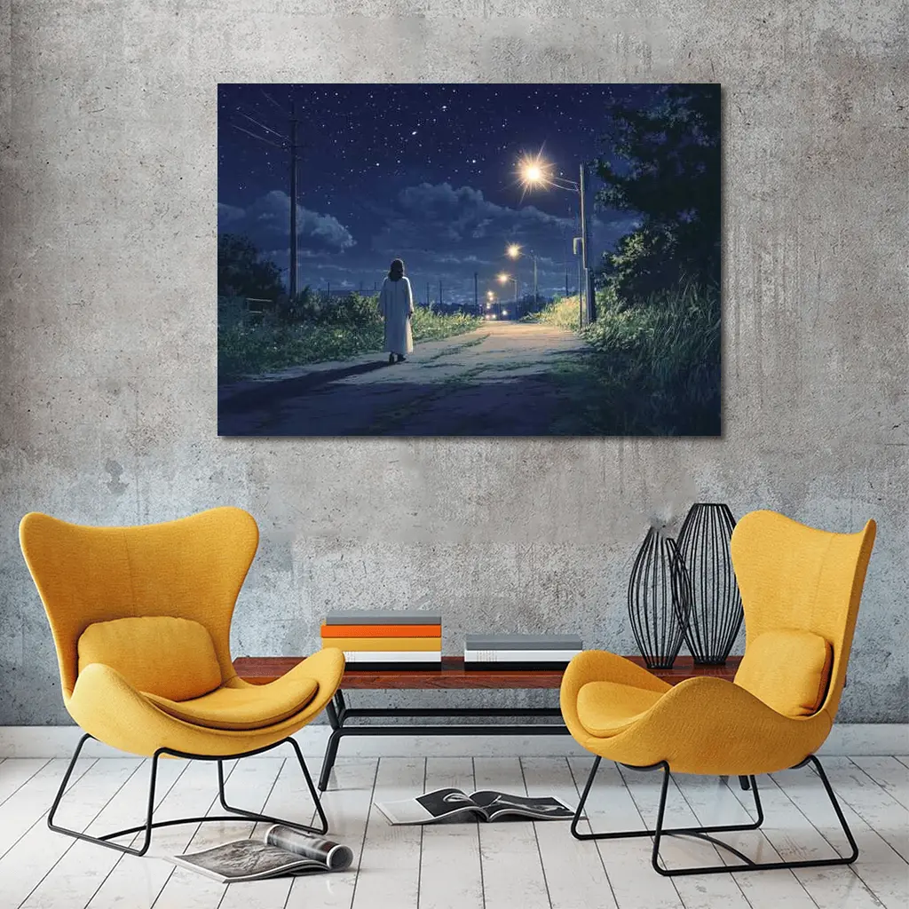 Anime Girl Walking Starry Night Road – Wall Art