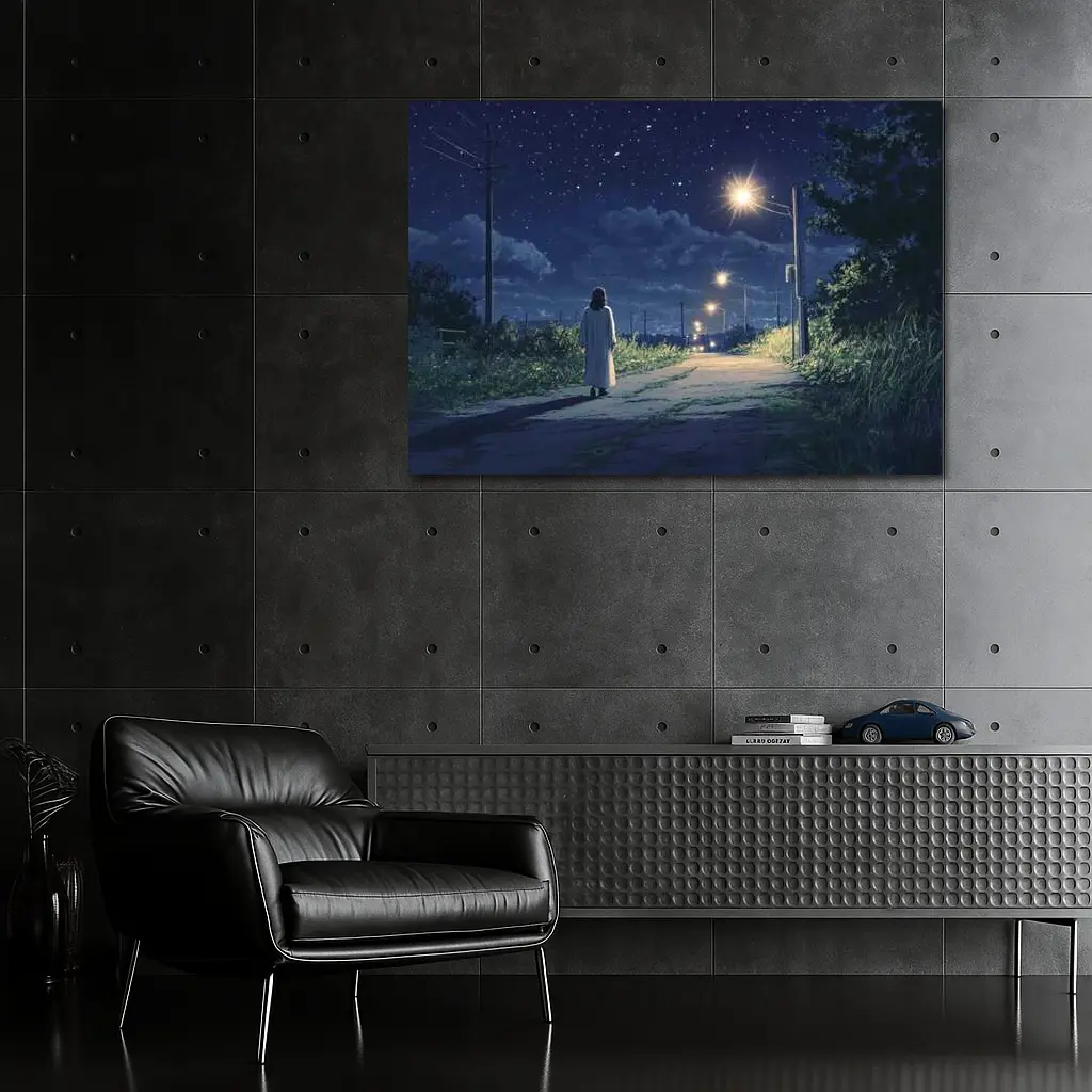 Anime Girl Walking Starry Night Road – Wall Art