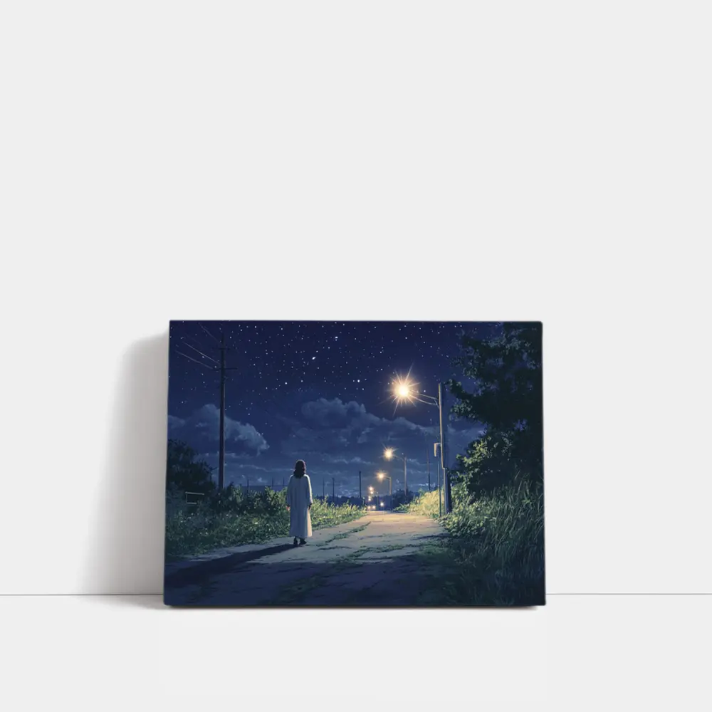 Anime Girl Walking Starry Night Road – Wall Art