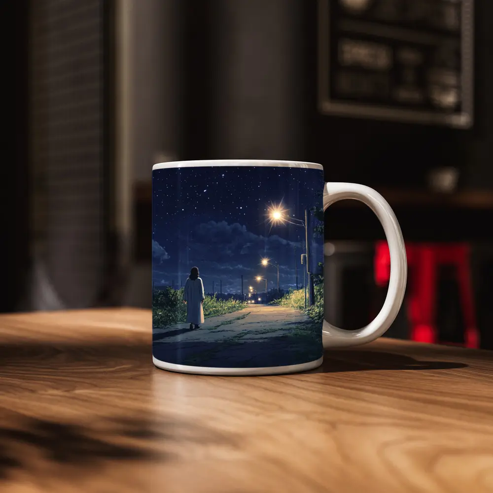 Anime Girl Walking Starry Night Road – Mugs