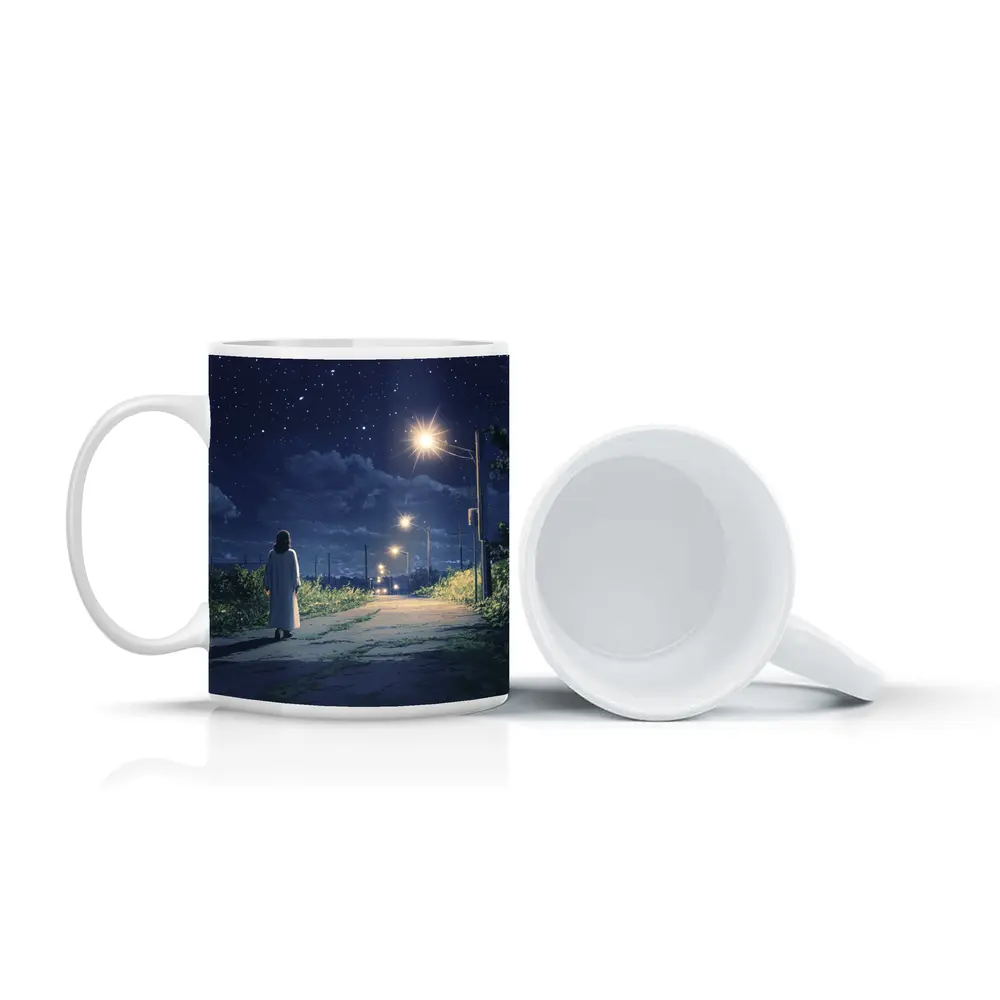 Anime Girl Walking Starry Night Road – Mugs