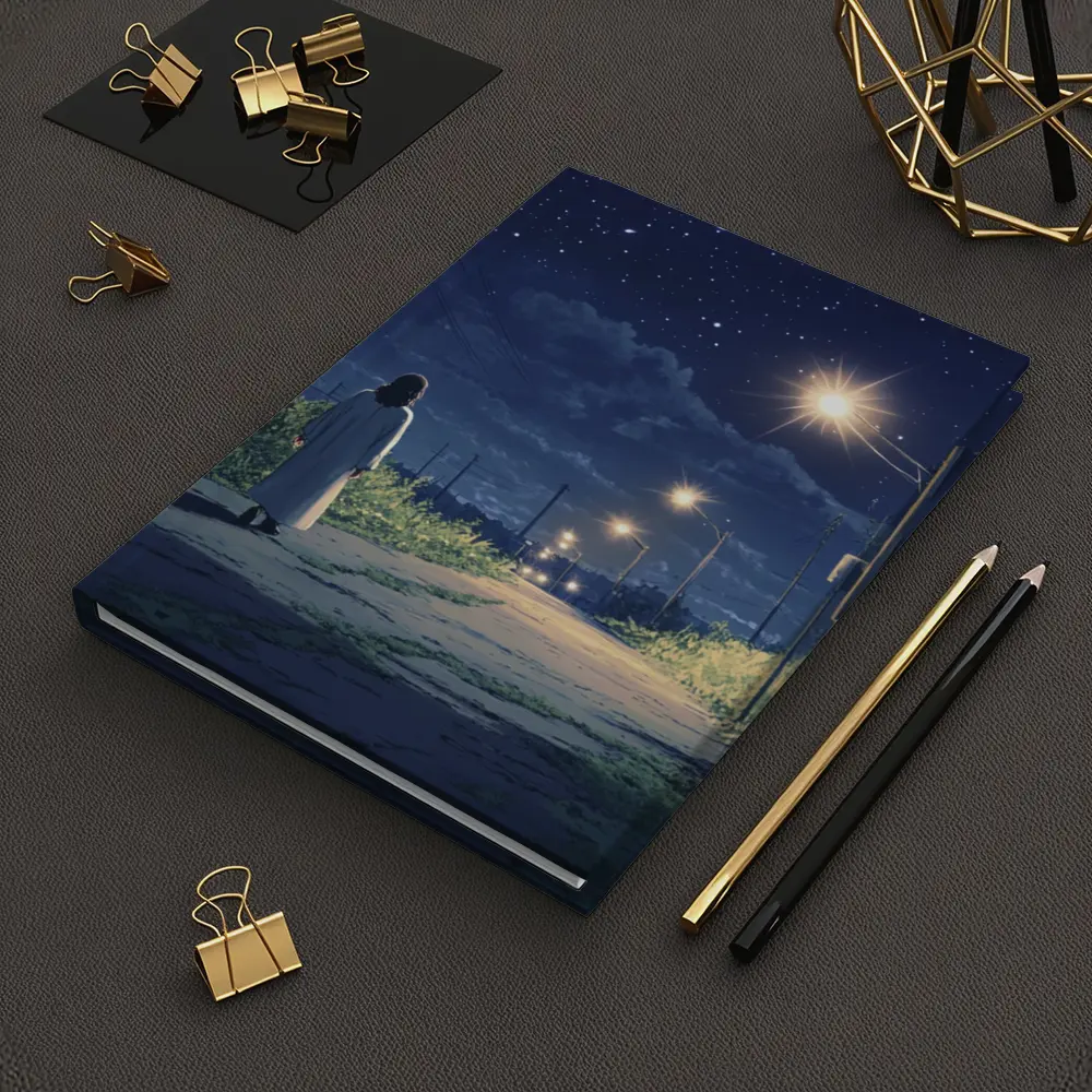 Anime Girl Walking Starry Night Road – Notebooks