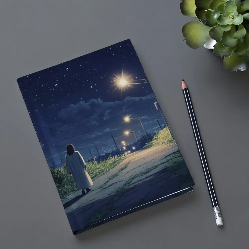 Anime Girl Walking Starry Night Road – Notebooks