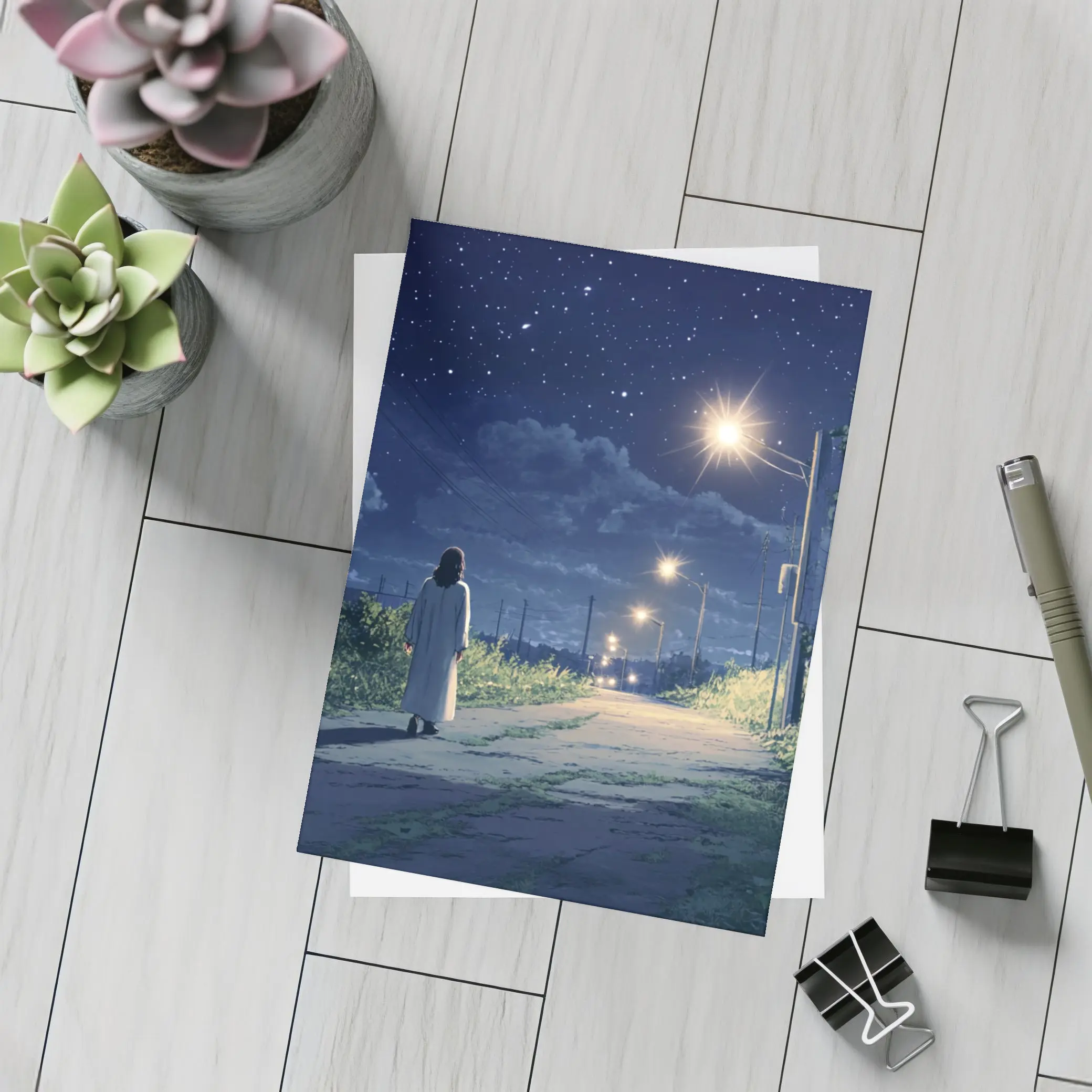 Anime Girl Walking Starry Night Road – Postcards