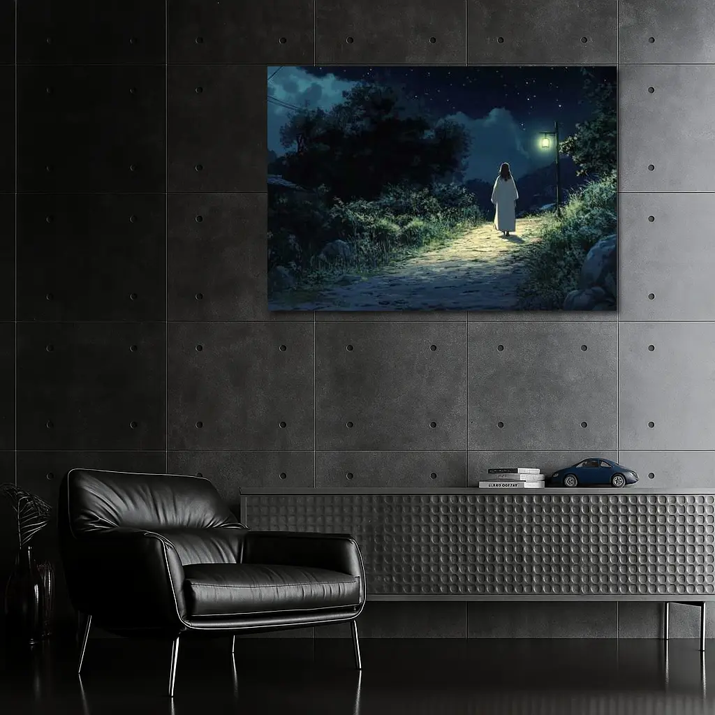 Anime Figure Walking Starry Night Path – Wall Art