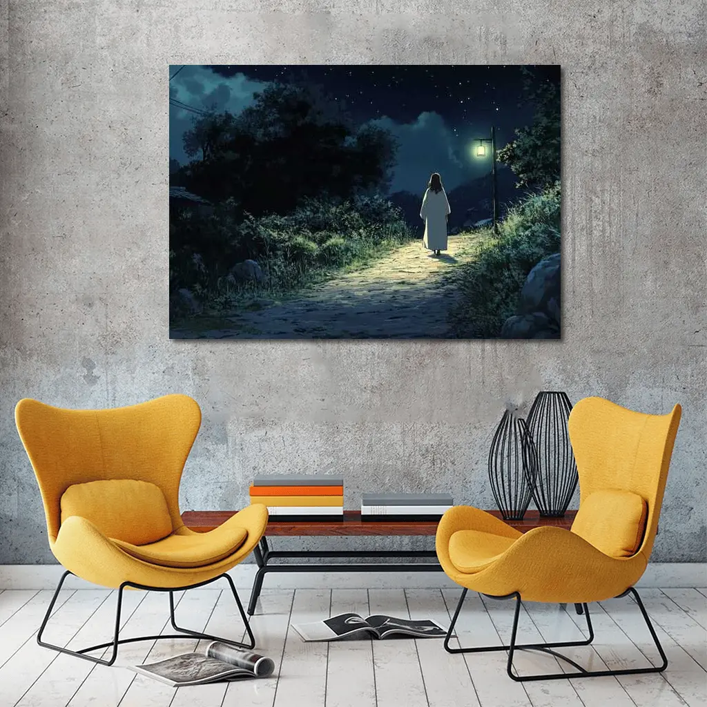 Anime Figure Walking Starry Night Path – Wall Art