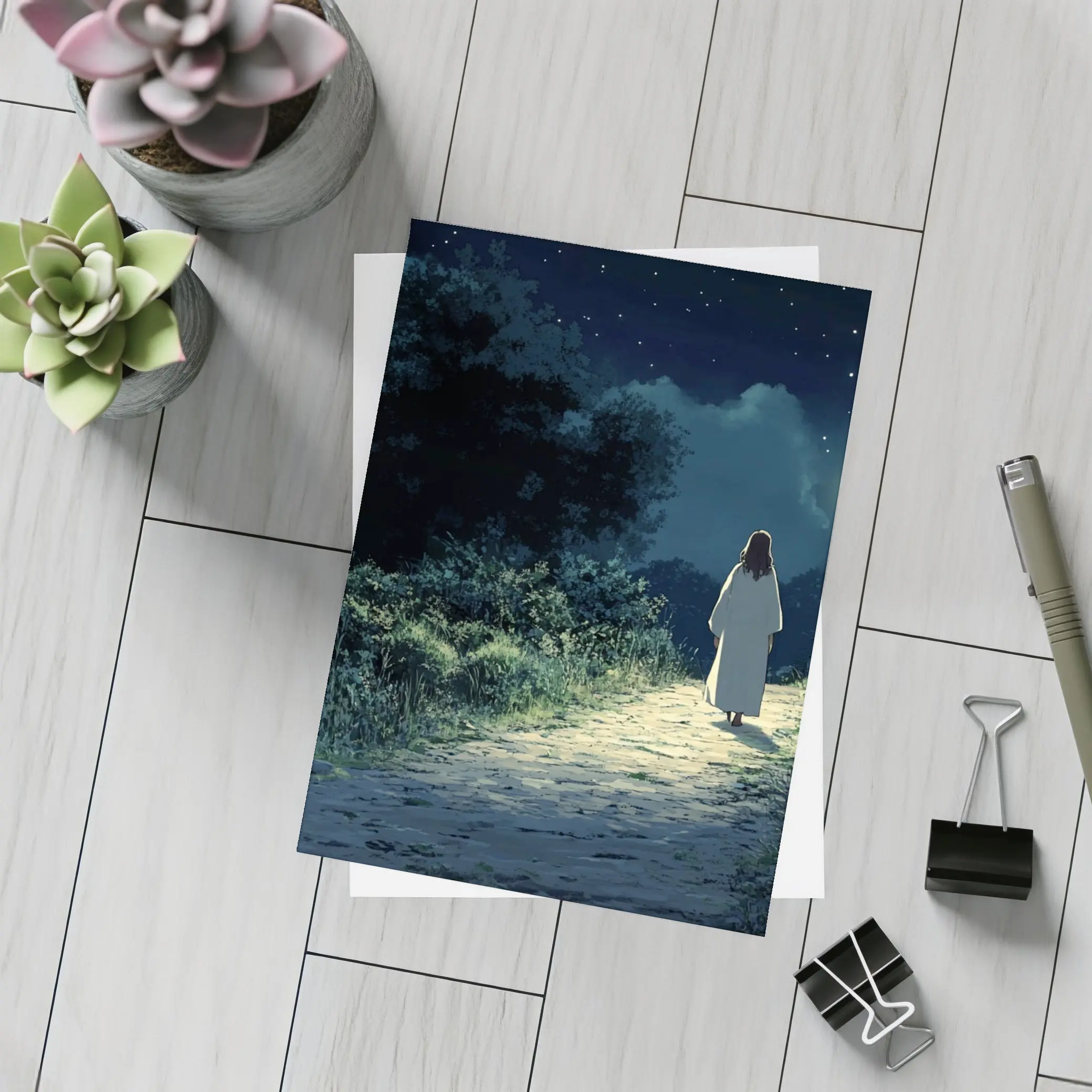 Anime Figure Walking Starry Night Path – Postcards
