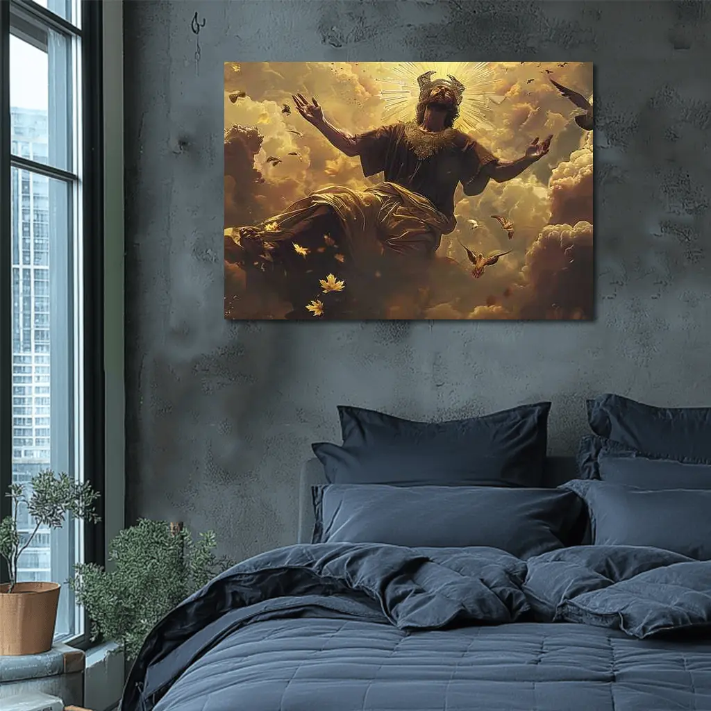 Jesus Christ Ascending Golden Heavenly Clouds – Wall Art
