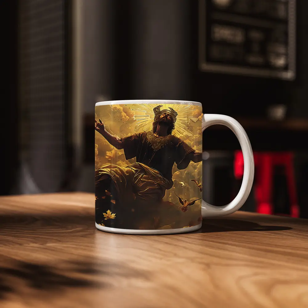 Jesus Christ Ascending Golden Heavenly Clouds – Mugs