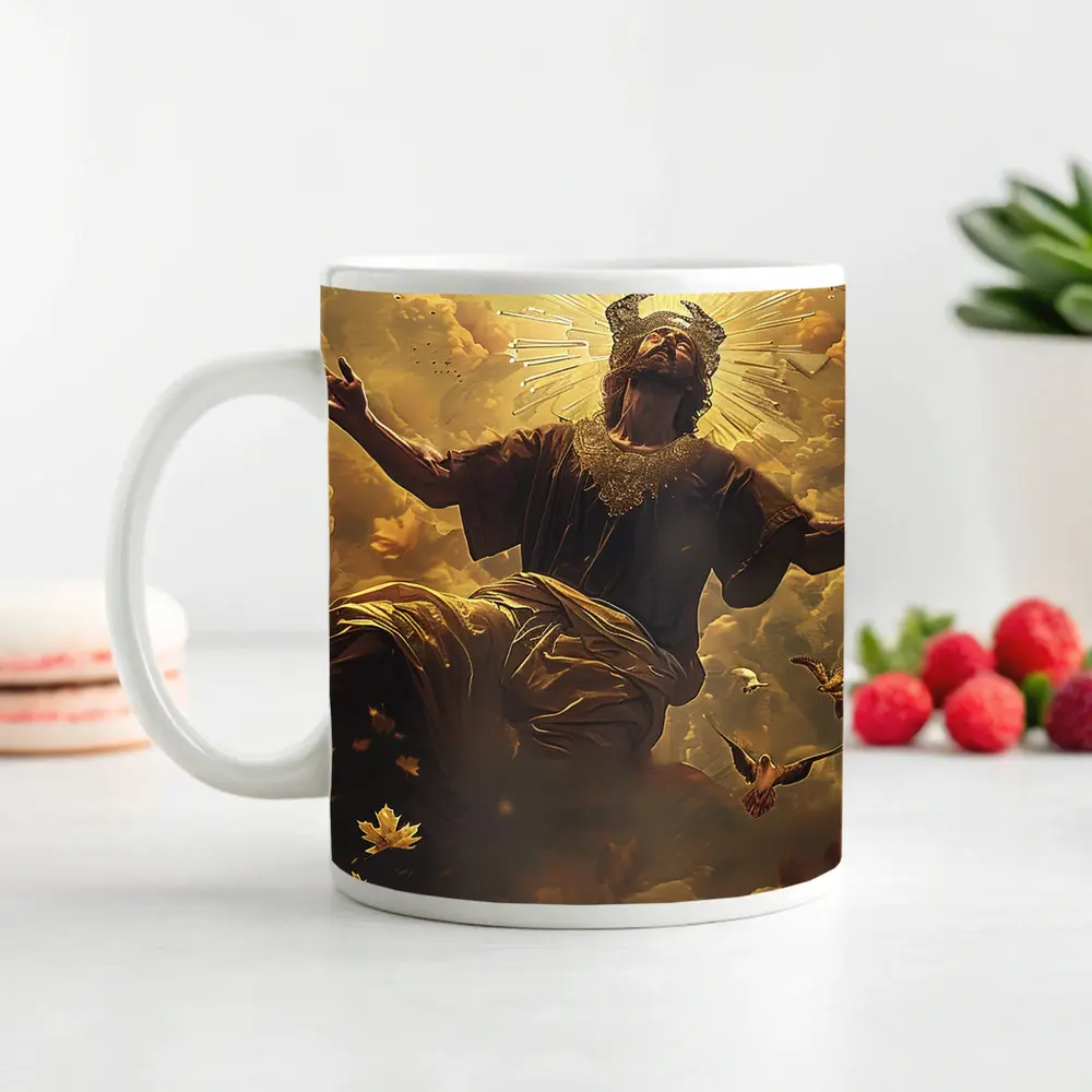 Jesus Christ Ascending Golden Heavenly Clouds – Mugs