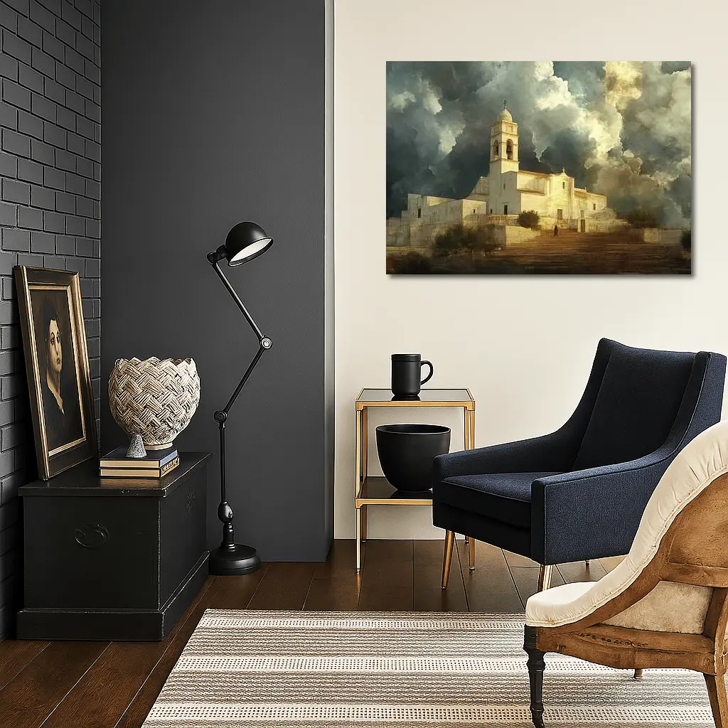 White Mediterranean Church Dramatic Storm Clouds – Wall Art